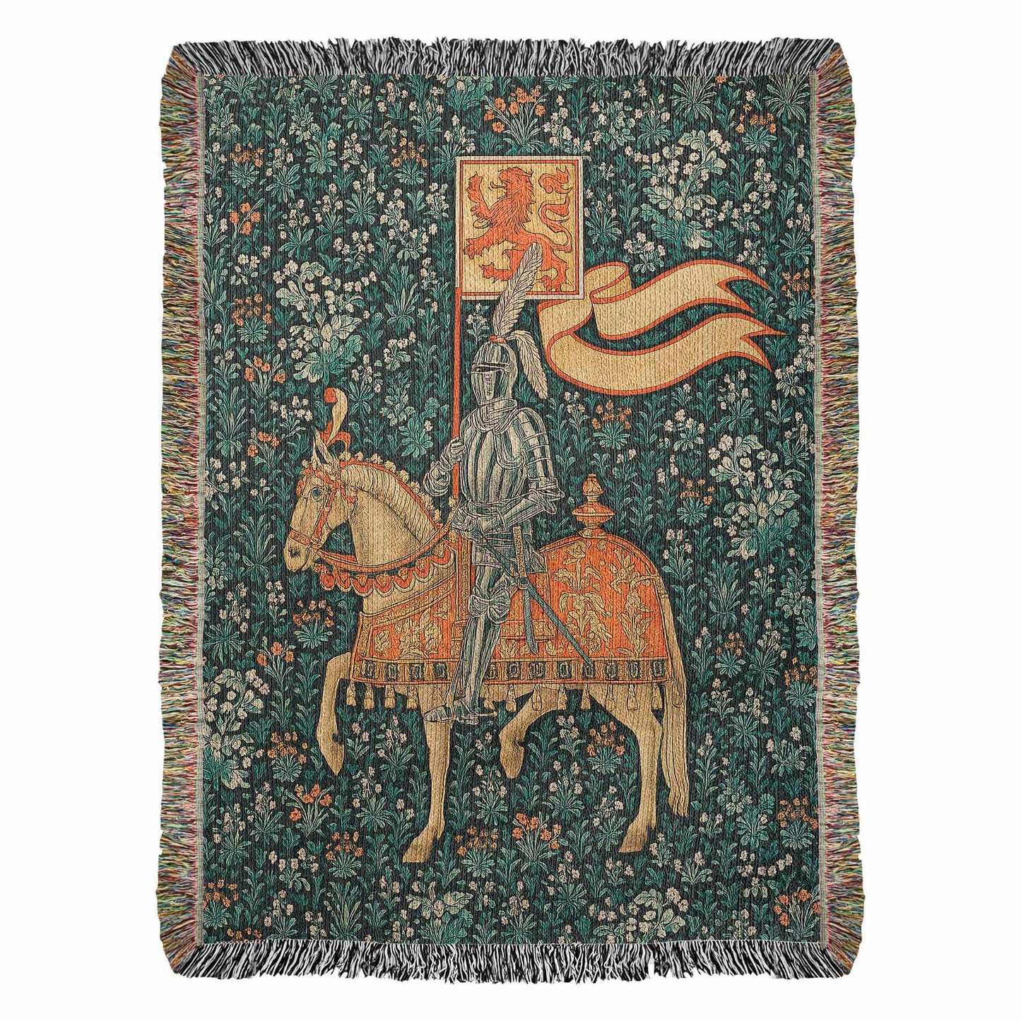 Premium Woven Cotton Throw – Knight Riding Horse with Battle Banner