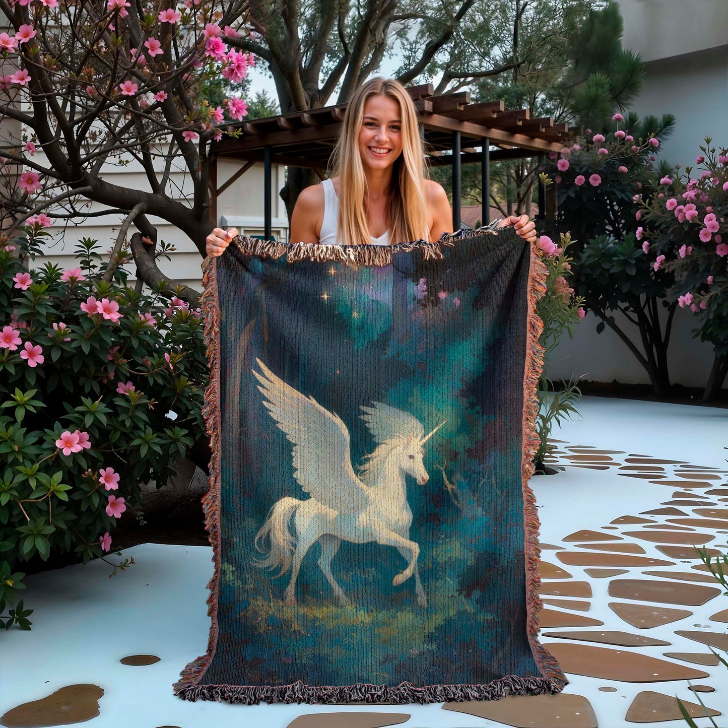 100% Cotton Woven Blanket – Magical White Alicorn among Woodland Trees