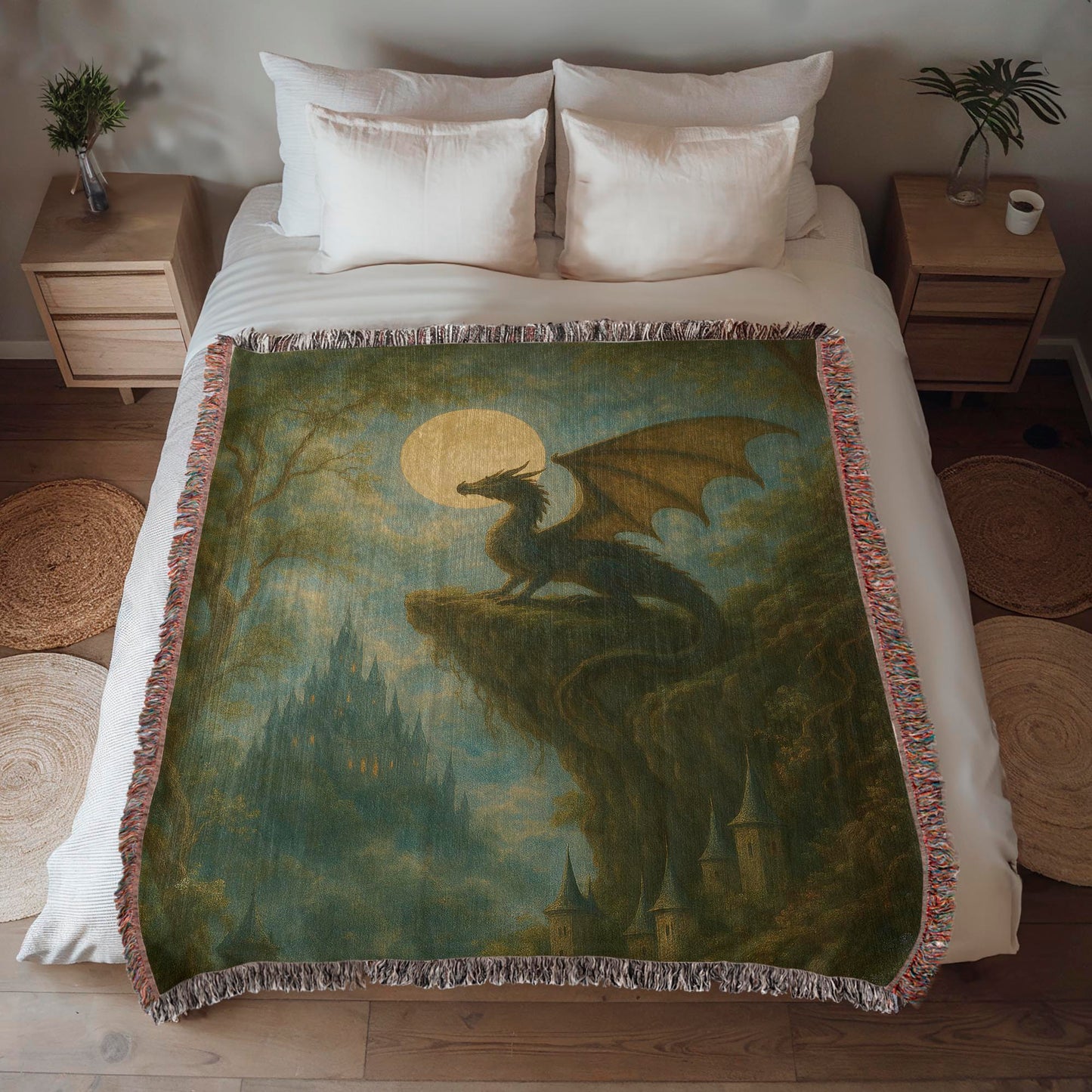 Premium Woven Cotton Throw – Fantasy Dragon on Cliff at Night with Castle in Distance