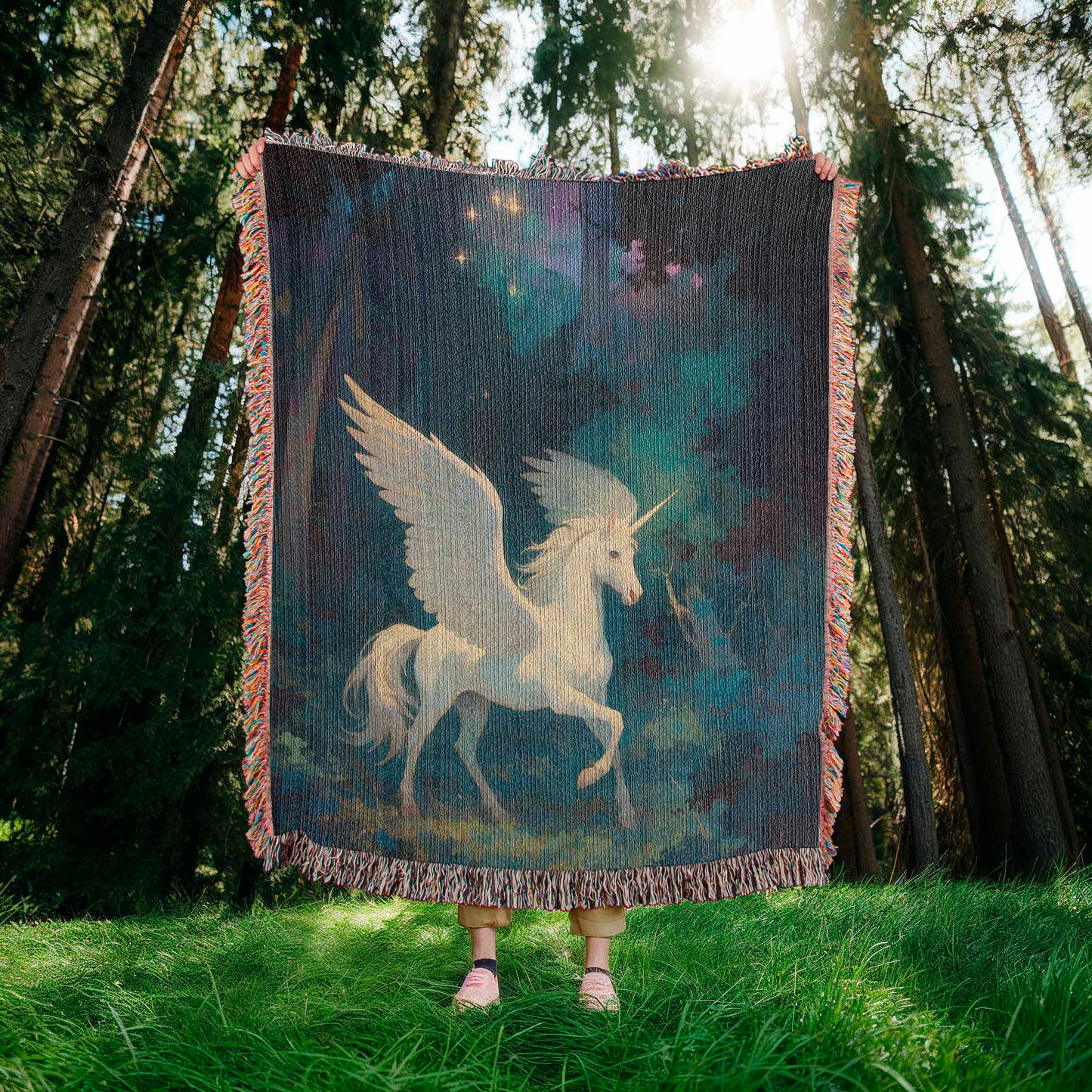 100% Cotton Woven Blanket – Magical White Alicorn among Woodland Trees