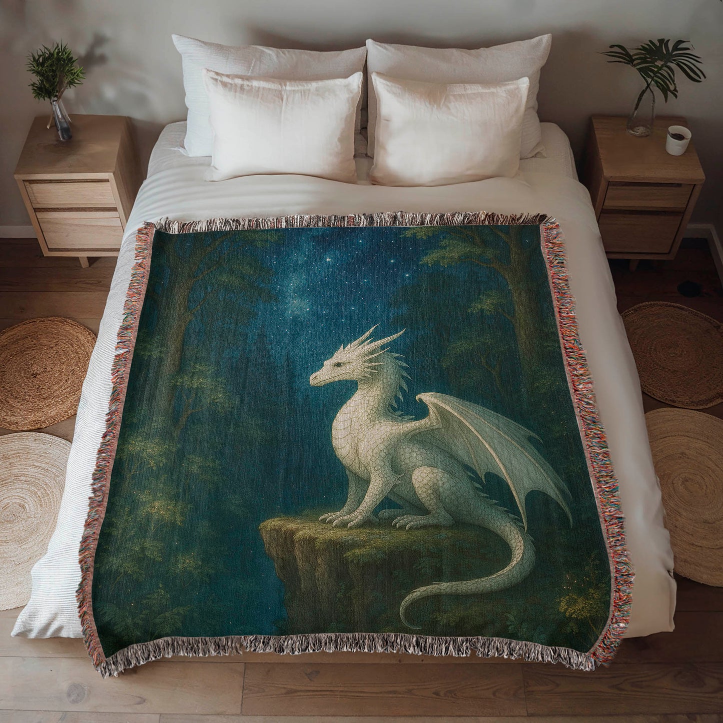 Premium Woven Cotton Throw – White Dragon on Rocky Cliff in Star-Filled Forest Night