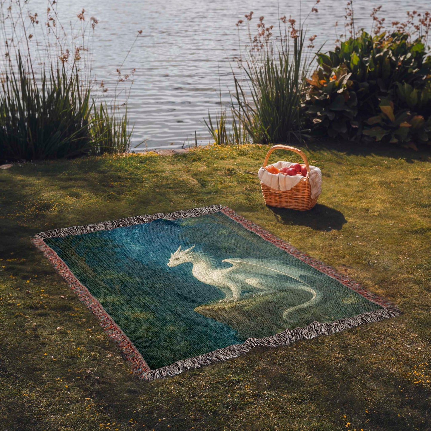 Premium Woven Cotton Throw – White Dragon on Rocky Cliff in Star-Filled Forest Night