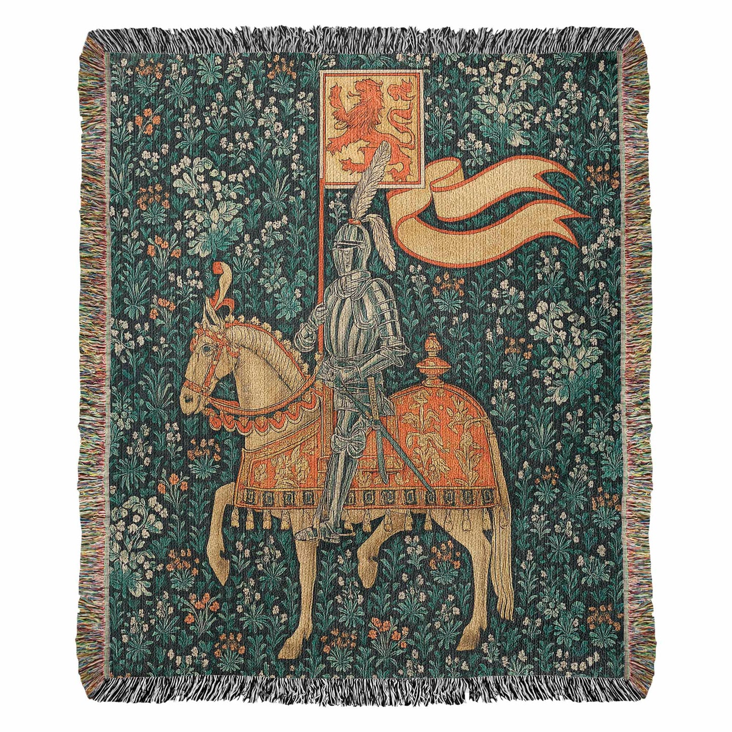 Premium Woven Cotton Throw – Knight Riding Horse with Battle Banner