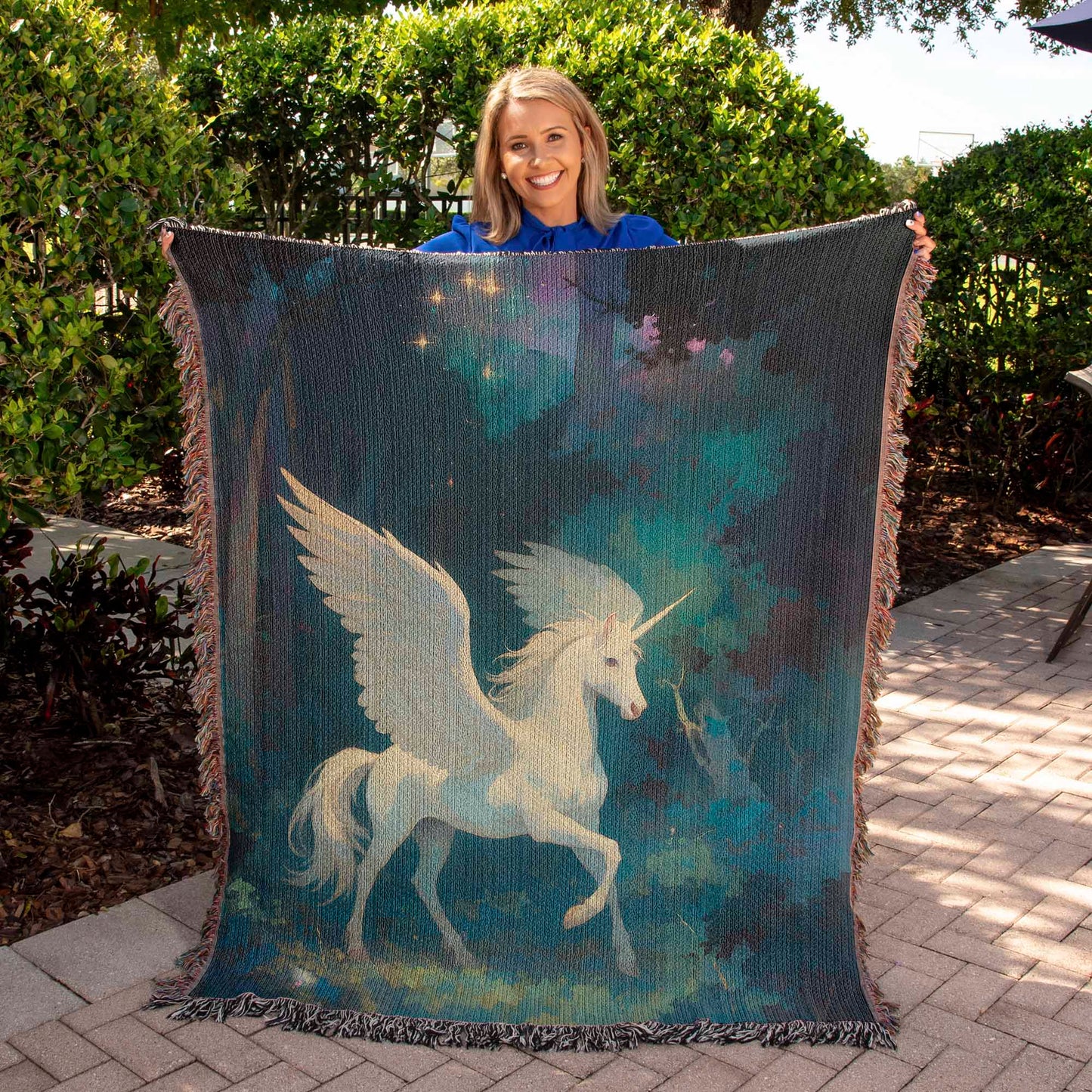 100% Cotton Woven Blanket – Magical White Alicorn among Woodland Trees