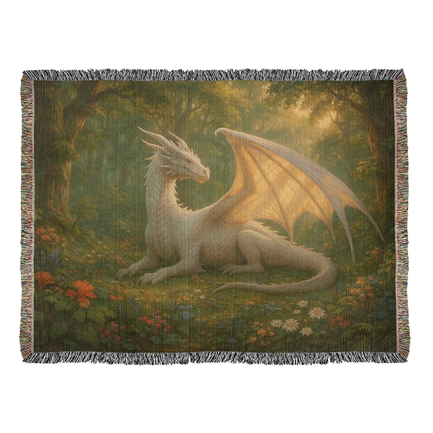 Premium Woven Cotton Throw – Majestic White Dragon on Sunny Forest Meadow