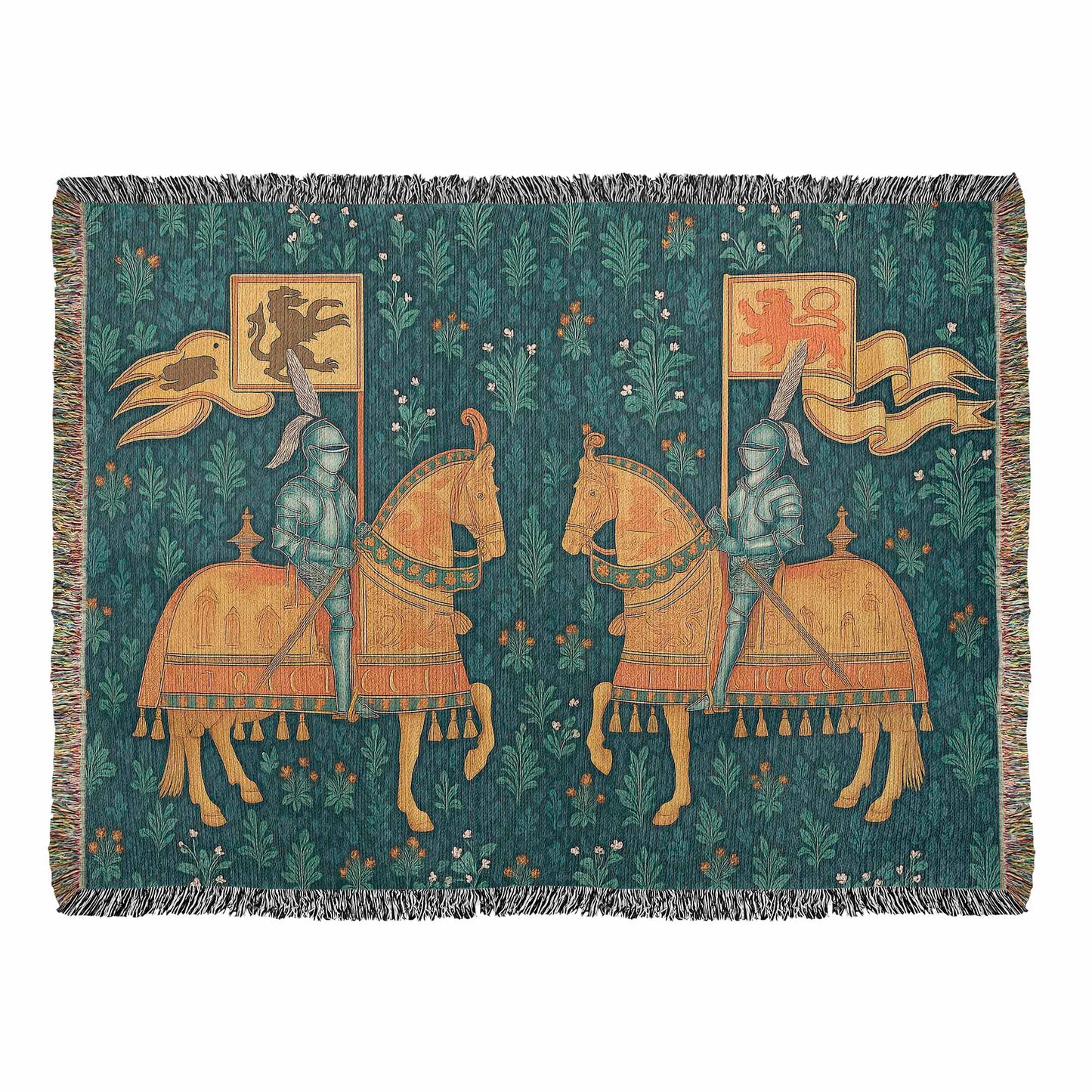 Premium 100% Cotton Woven Blanket – Two Knights on Horseback Displaying Flags