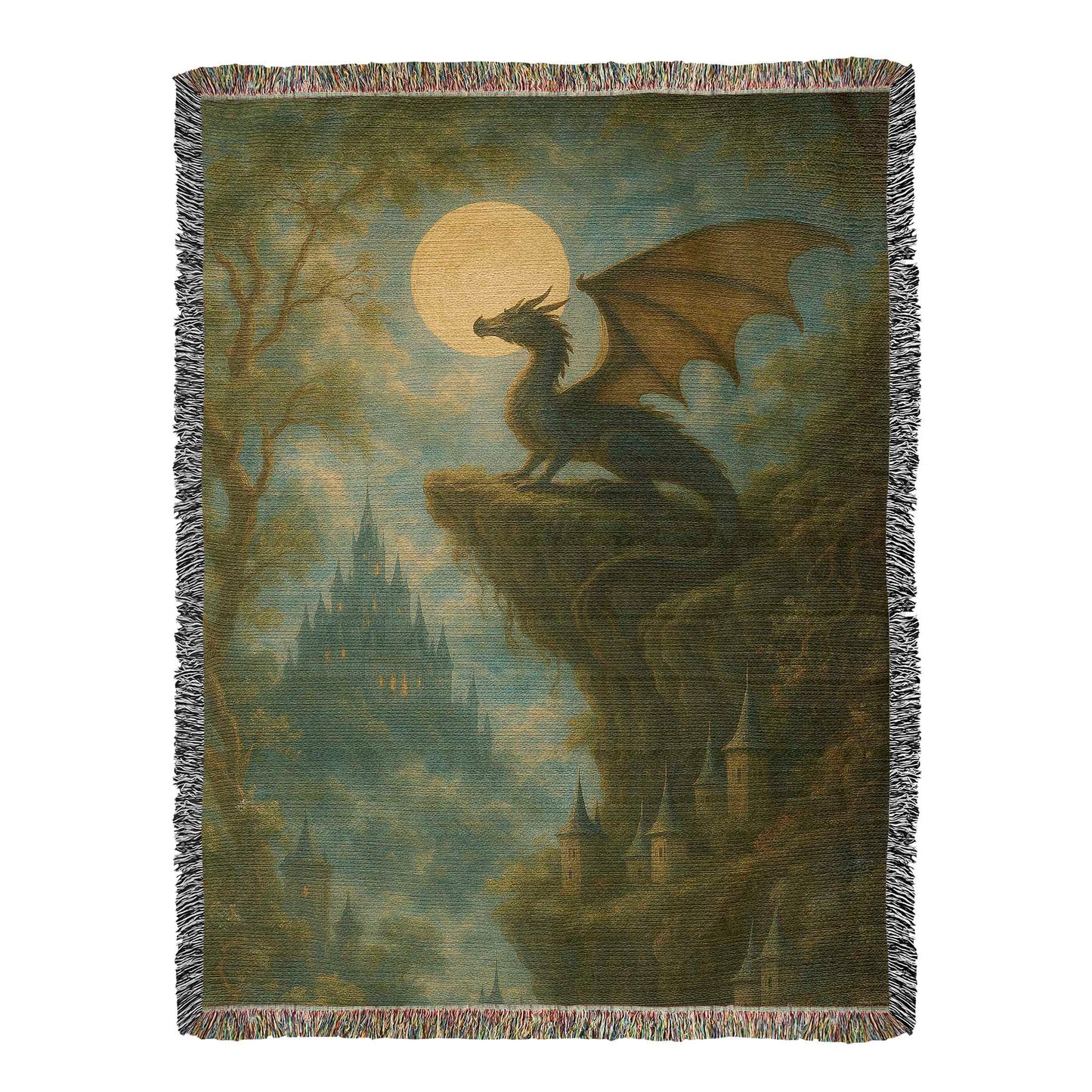 Premium Woven Cotton Throw – Fantasy Dragon on Cliff at Night with Castle in Distance