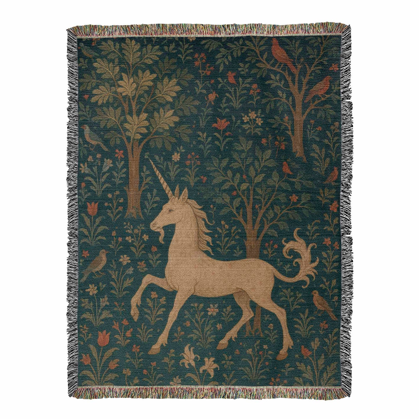100% Cotton Woven Blanket – Magical Unicorn among Woodland Flowers and Birds