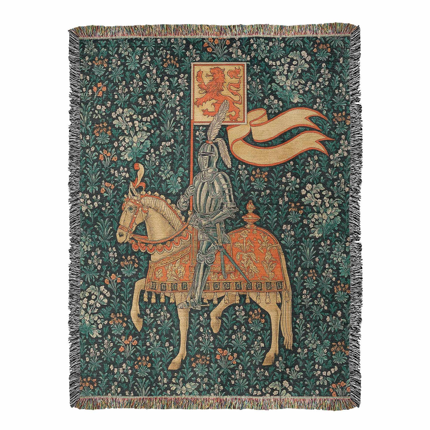 Premium Woven Cotton Throw – Knight Riding Horse with Battle Banner