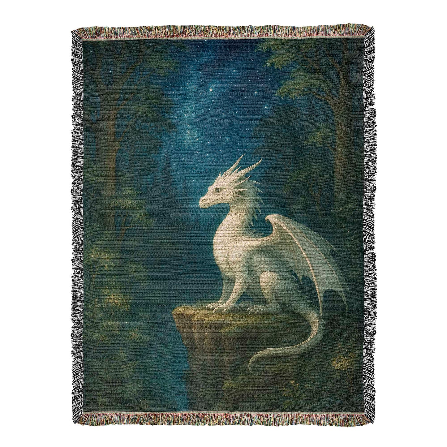 Premium Woven Cotton Throw – White Dragon on Rocky Cliff in Star-Filled Forest Night