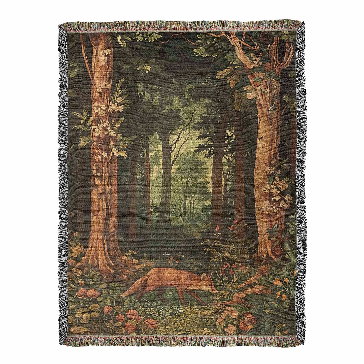100% Cotton Woven Blanket – Enchanted Fox on Flowered Clearing in Woodland