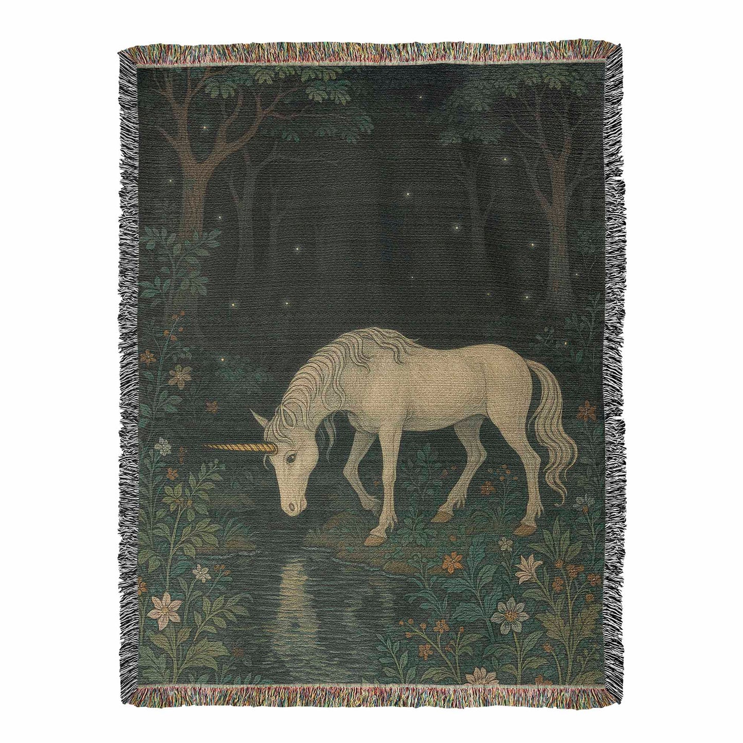 Premium Woven Cotton Throw – Unicorn in Dark Forest by Flowered Stream