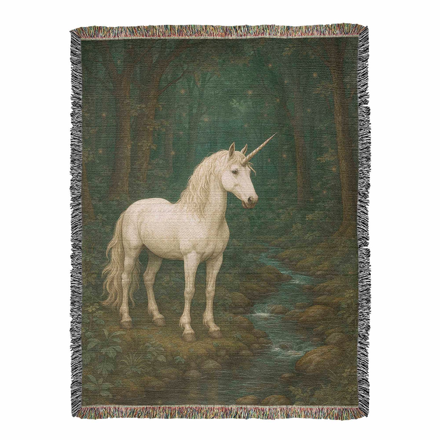 Premium Woven Cotton Throw – Unicorn in Dark Forest by Quiet Stream
