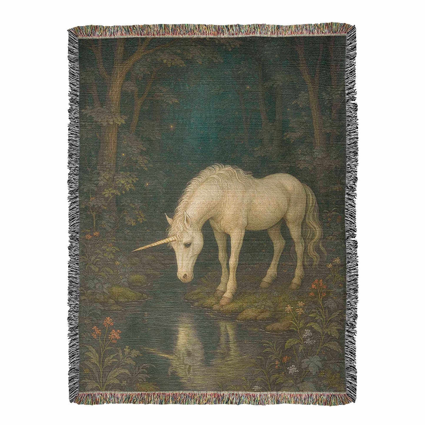 Heirloom Woven Cotton Blanket – Magical Night Forest Scene with Unicorn near Stream