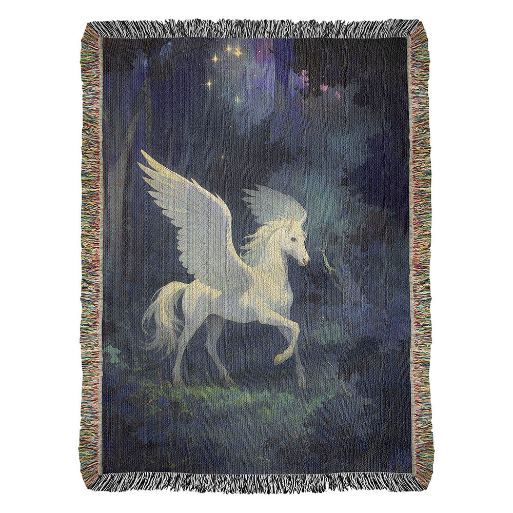 Premium Woven Cotton Throw – White Pegasus under Starry Sky in Mystical Forest
