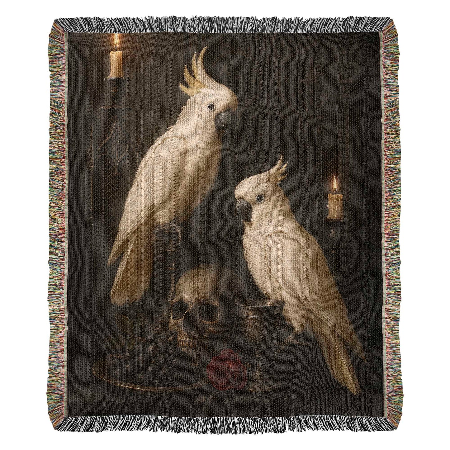 100% Cotton Woven Blanket – White Parrots on Table with Skull, Grapes, Rose and Bronze Chalice