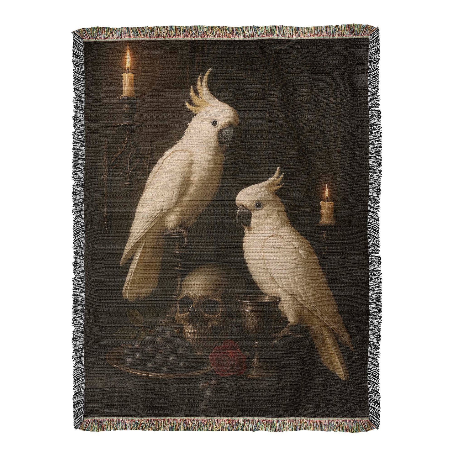 100% Cotton Woven Blanket – White Parrots on Table with Skull, Grapes, Rose and Bronze Chalice