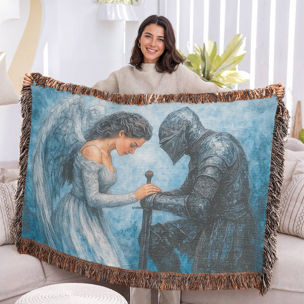 Premium 100% Cotton Woven Blanket – Angel and Knight Fantasy Art