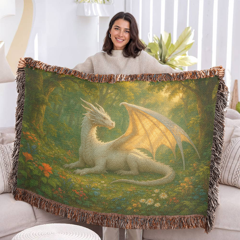 Premium Woven Cotton Throw – Majestic White Dragon on Sunny Forest Meadow