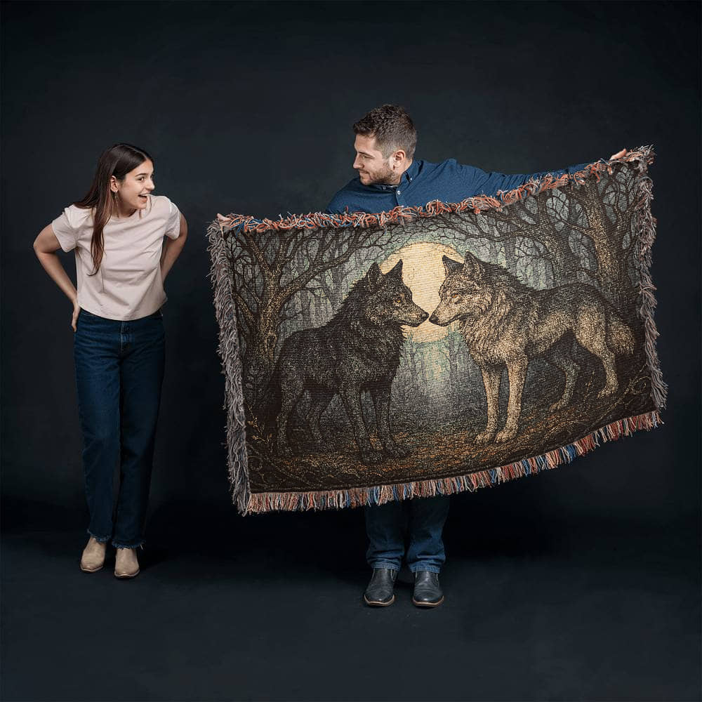 100% Cotton Woven Blanket – Enchanted Forest Scene with Two Wolves Eye to Eye beneath Full Moon