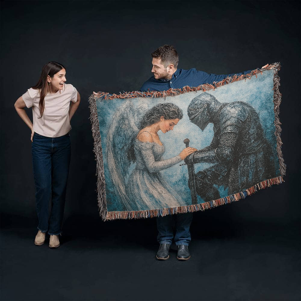 Premium 100% Cotton Woven Blanket – Angel and Knight Fantasy Art