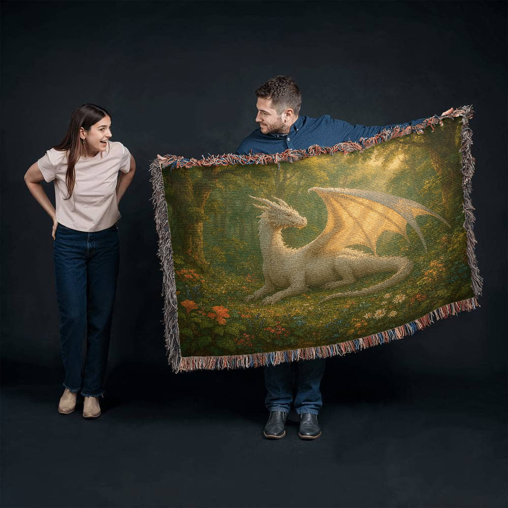 Premium Woven Cotton Throw – Majestic White Dragon on Sunny Forest Meadow