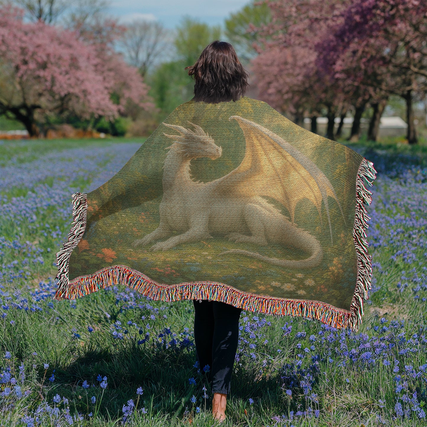 Premium Woven Cotton Throw – Majestic White Dragon on Sunny Forest Meadow
