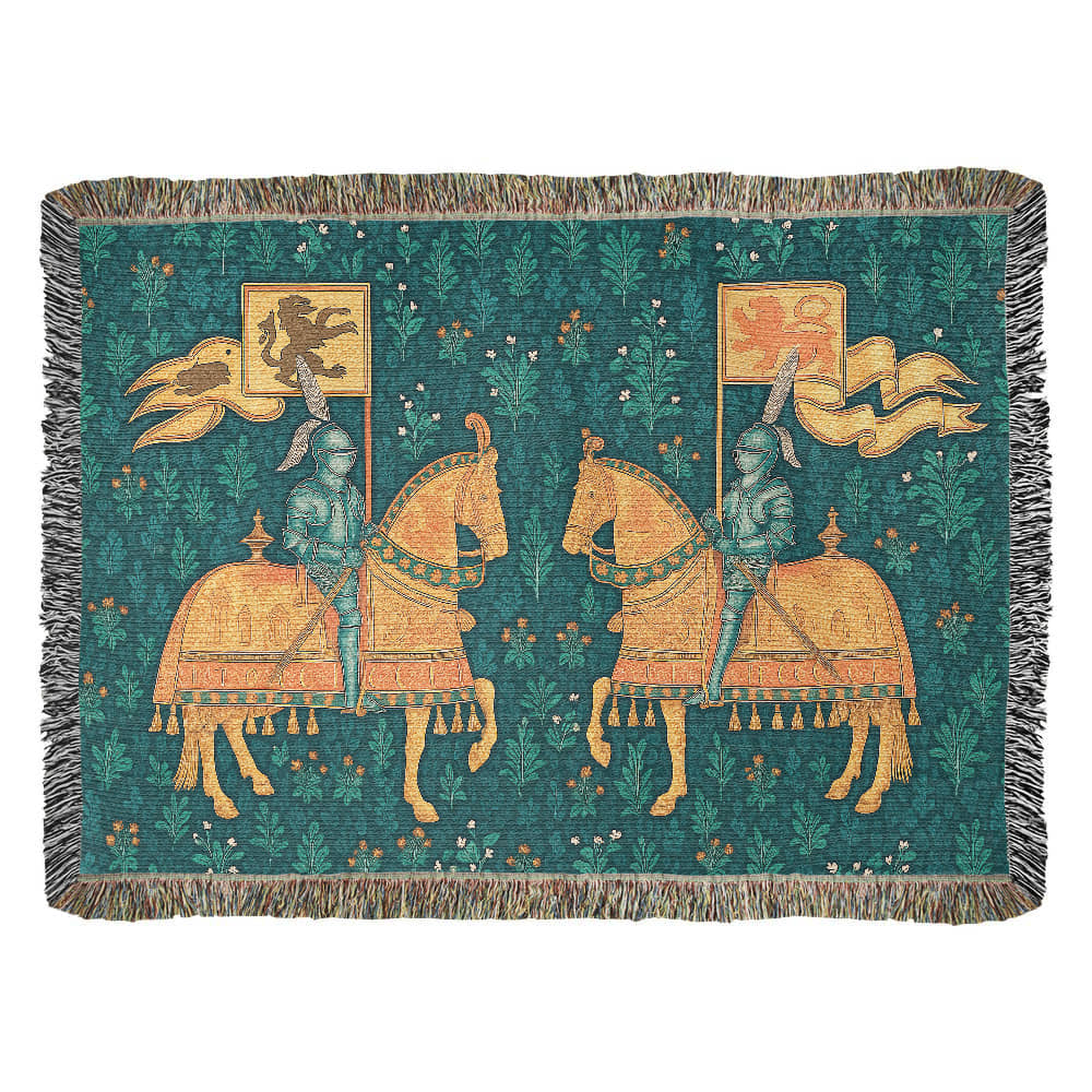 Premium 100% Cotton Woven Blanket – Two Knights on Horseback Displaying Flags
