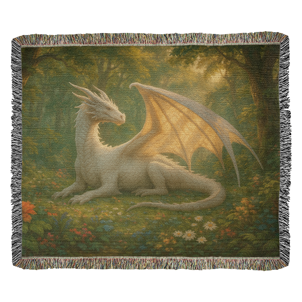 Premium Woven Cotton Throw – Majestic White Dragon on Sunny Forest Meadow
