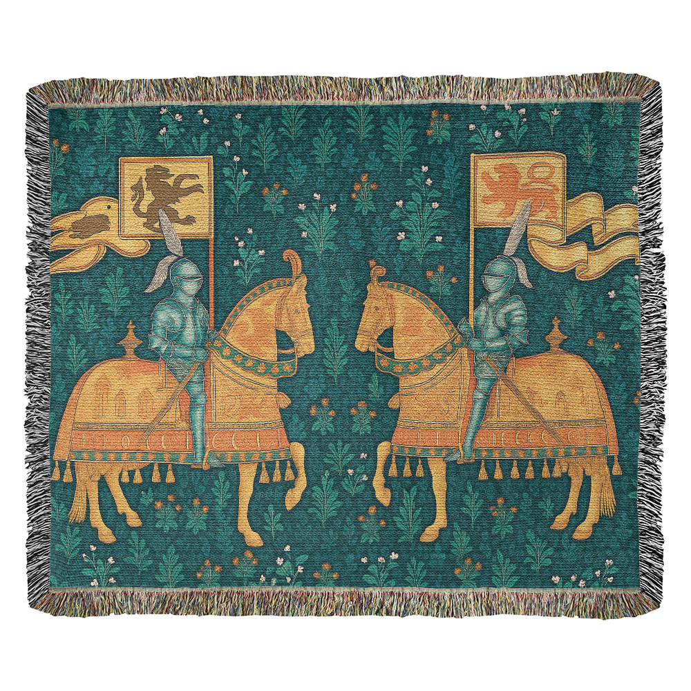 Premium 100% Cotton Woven Blanket – Two Knights on Horseback Displaying Flags