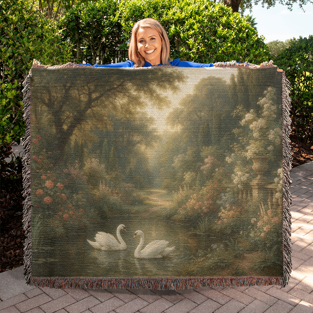 Woven Cotton Blanket – Magical Swans in Pond with Flower-Covered Shores