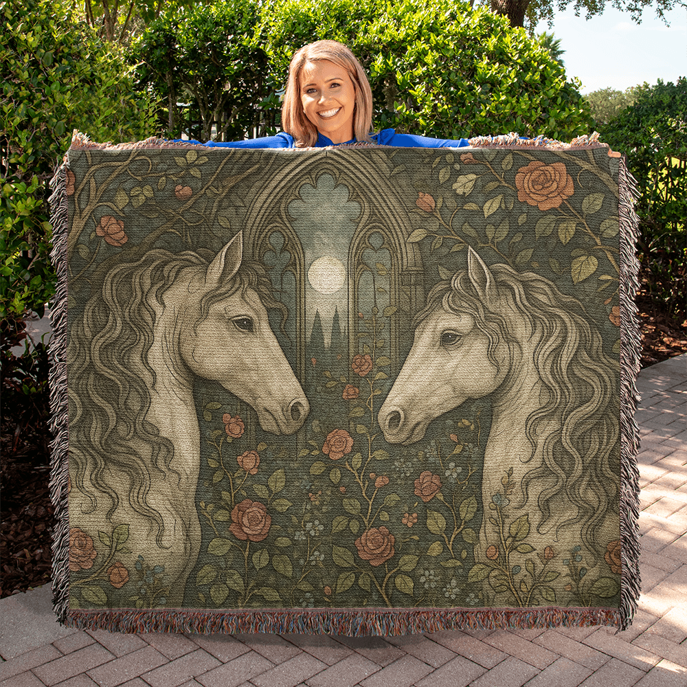 100% Cotton Woven Blanket – Enchanted Forest Scene with Two Horses Eye to Eye