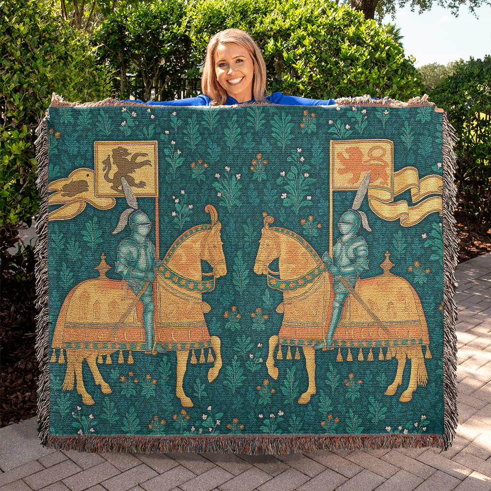 Premium 100% Cotton Woven Blanket – Two Knights on Horseback Displaying Flags