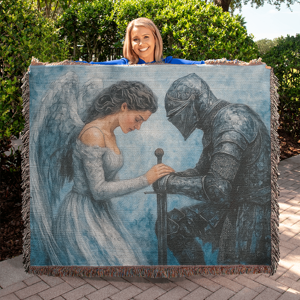 Premium 100% Cotton Woven Blanket – Angel and Knight Fantasy Art