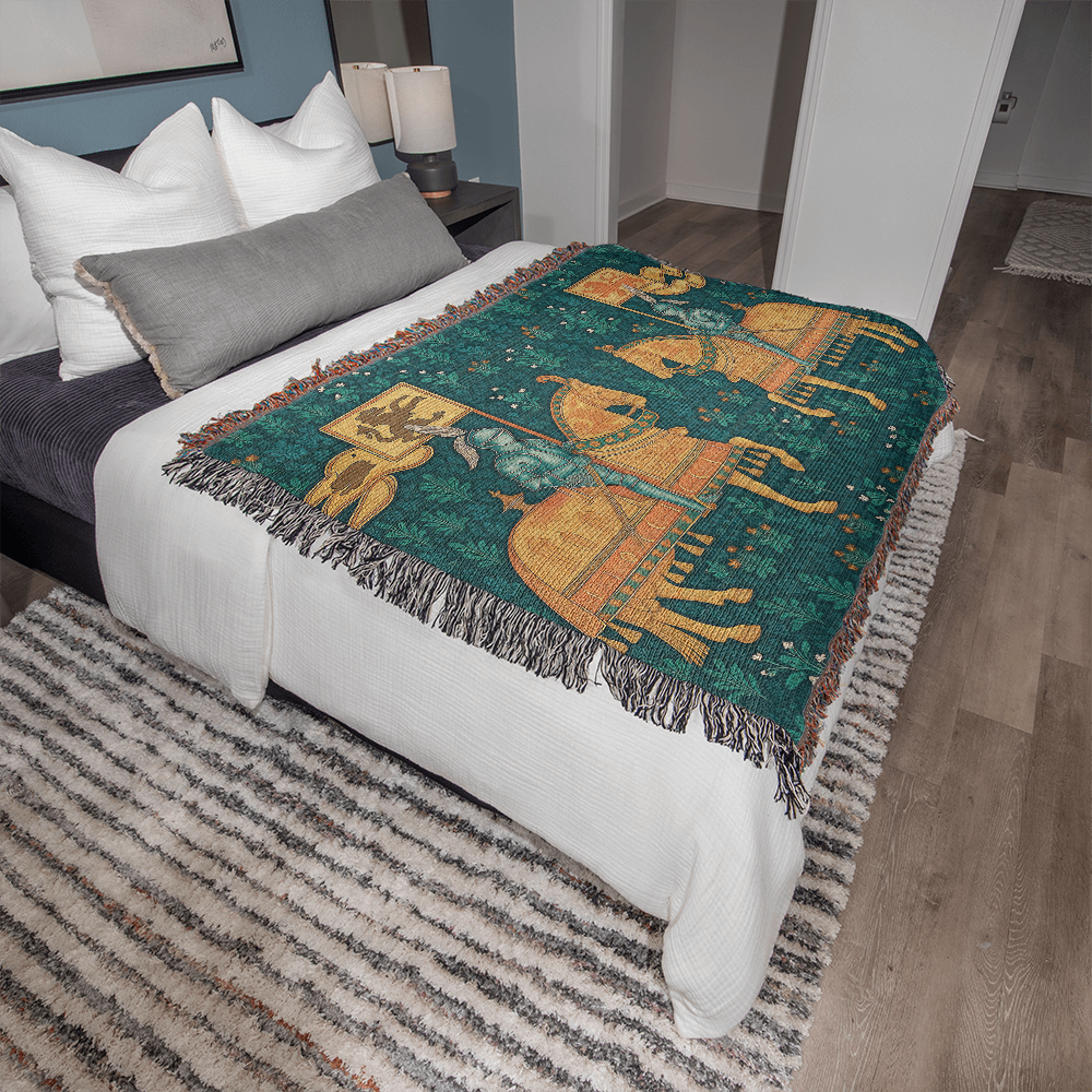 Premium 100% Cotton Woven Blanket – Two Knights on Horseback Displaying Flags
