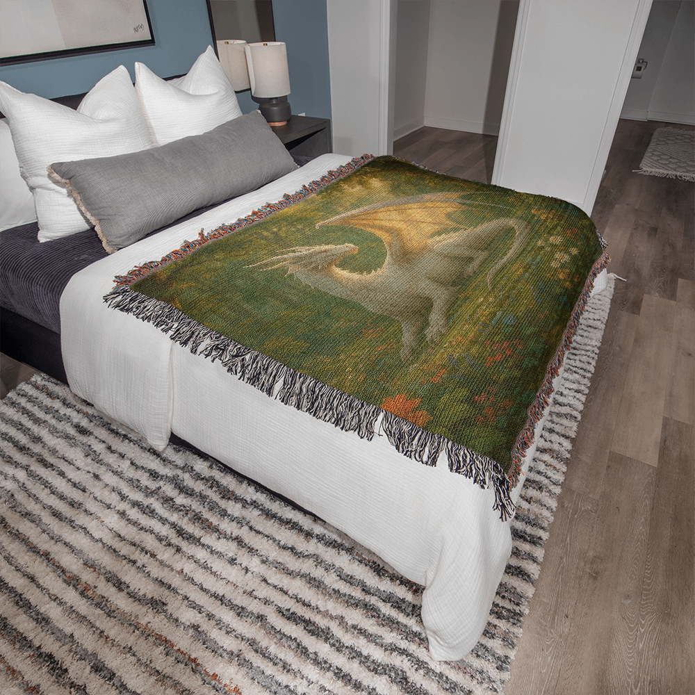 Premium Woven Cotton Throw – Majestic White Dragon on Sunny Forest Meadow