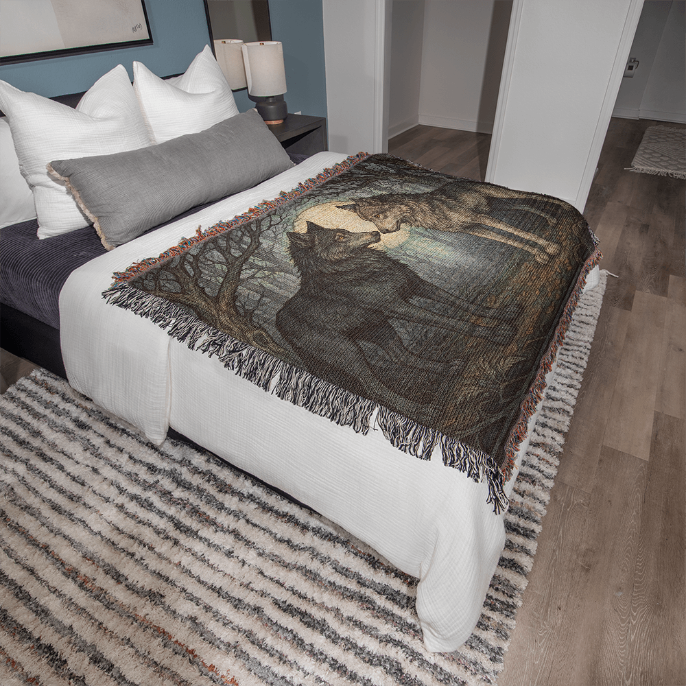 100% Cotton Woven Blanket – Enchanted Forest Scene with Two Wolves Eye to Eye beneath Full Moon