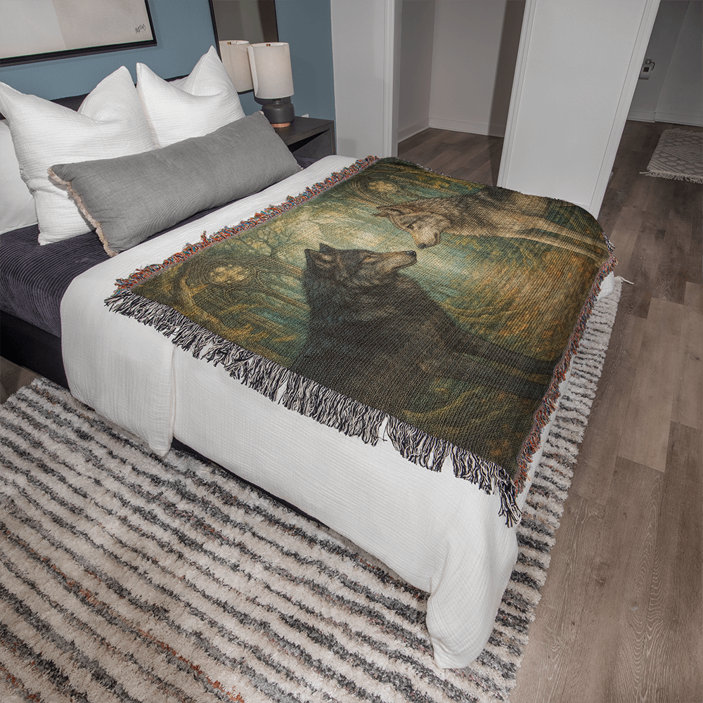 100% Cotton Woven Blanket – Enchanted Forest Scene with Two Wolves Staring Face to Face