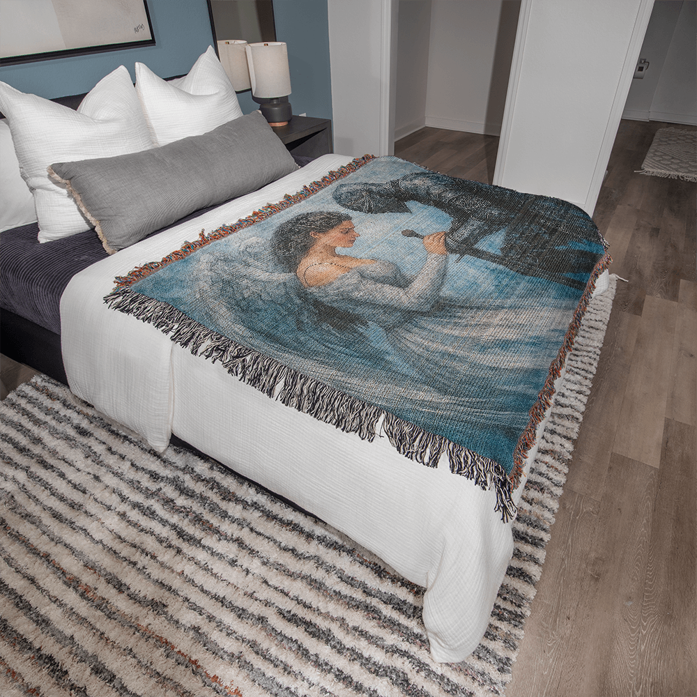 Premium 100% Cotton Woven Blanket – Angel and Knight Fantasy Art