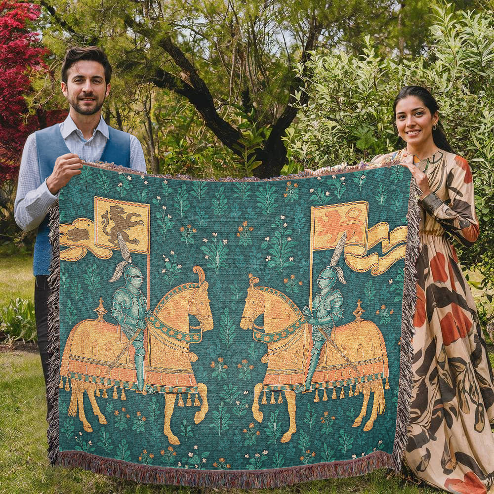 Premium 100% Cotton Woven Blanket – Two Knights on Horseback Displaying Flags