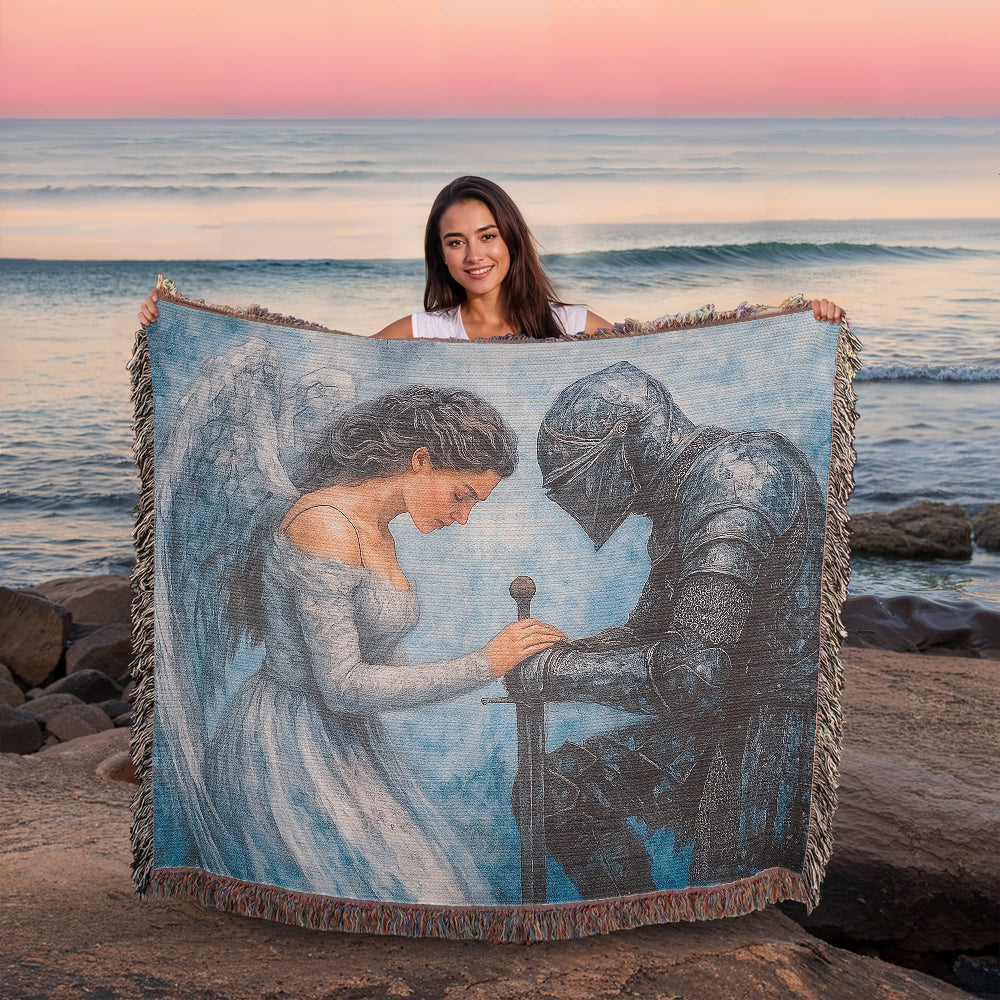 Premium 100% Cotton Woven Blanket – Angel and Knight Fantasy Art