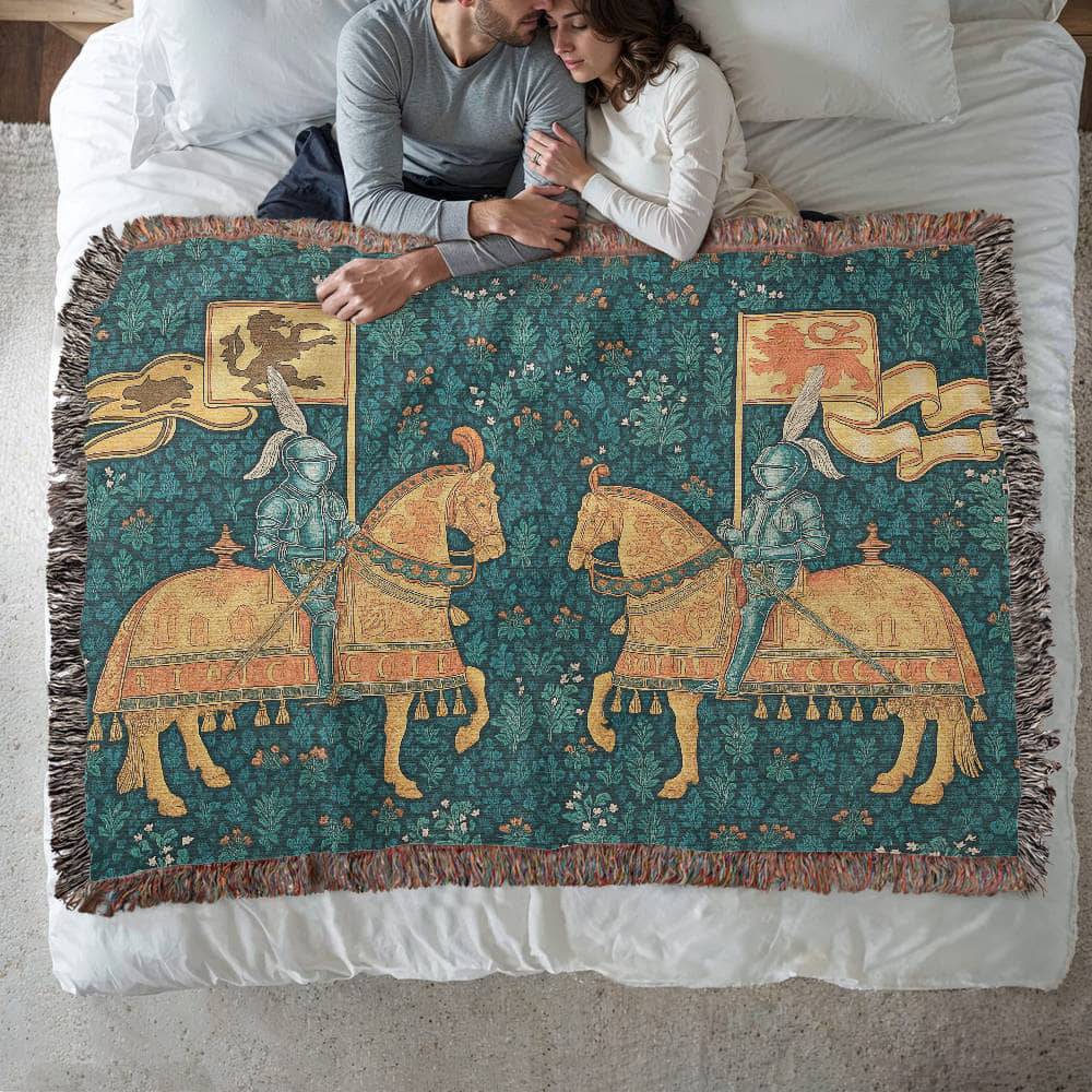 100% Cotton Woven Blanket – Meeting of Two Knights on Horseback with Banners