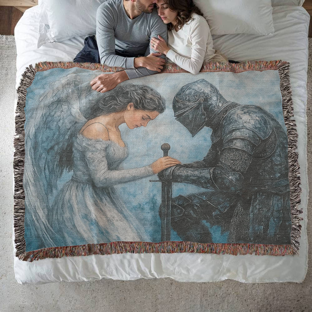 Premium 100% Cotton Woven Blanket – Angel and Knight Fantasy Art