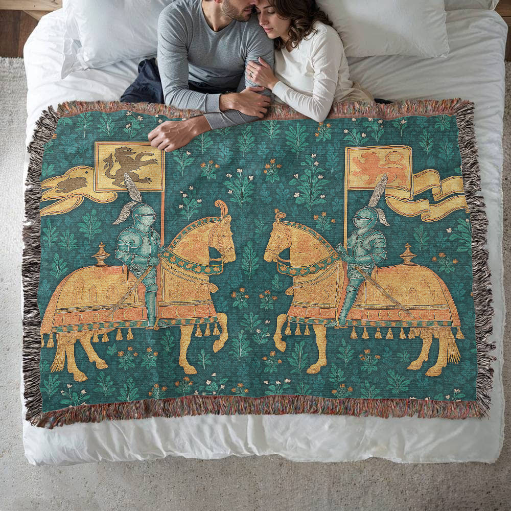 Premium 100% Cotton Woven Blanket – Two Knights on Horseback Displaying Flags