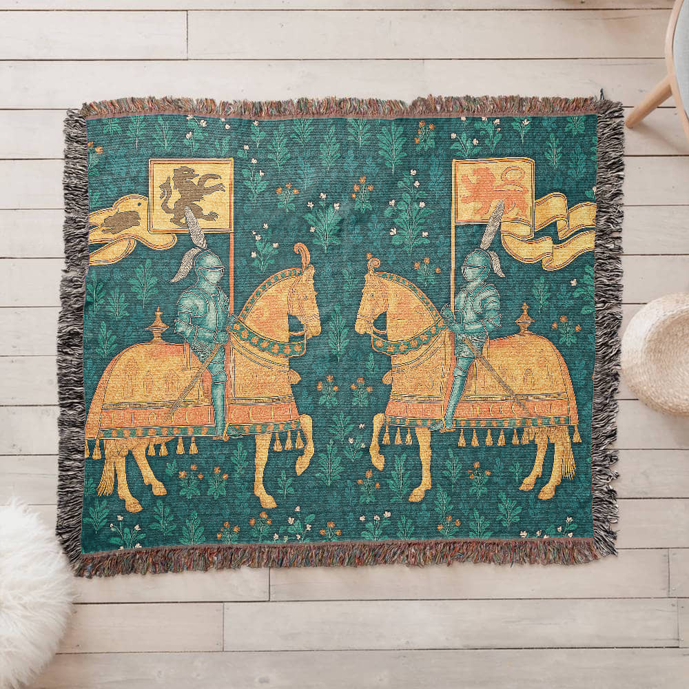Premium 100% Cotton Woven Blanket – Two Knights on Horseback Displaying Flags