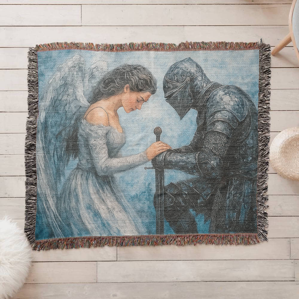 Premium 100% Cotton Woven Blanket – Angel and Knight Fantasy Art