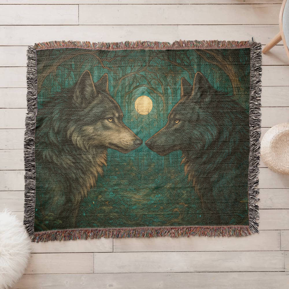 Woven Cotton Blanket – Majestic Wolves Staring at Each Other under Moon in Enchanted Forest