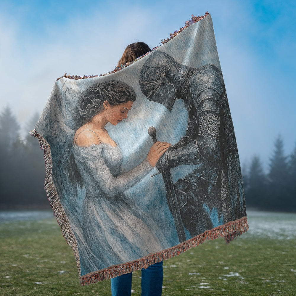 Premium 100% Cotton Woven Blanket – Angel and Knight Fantasy Art