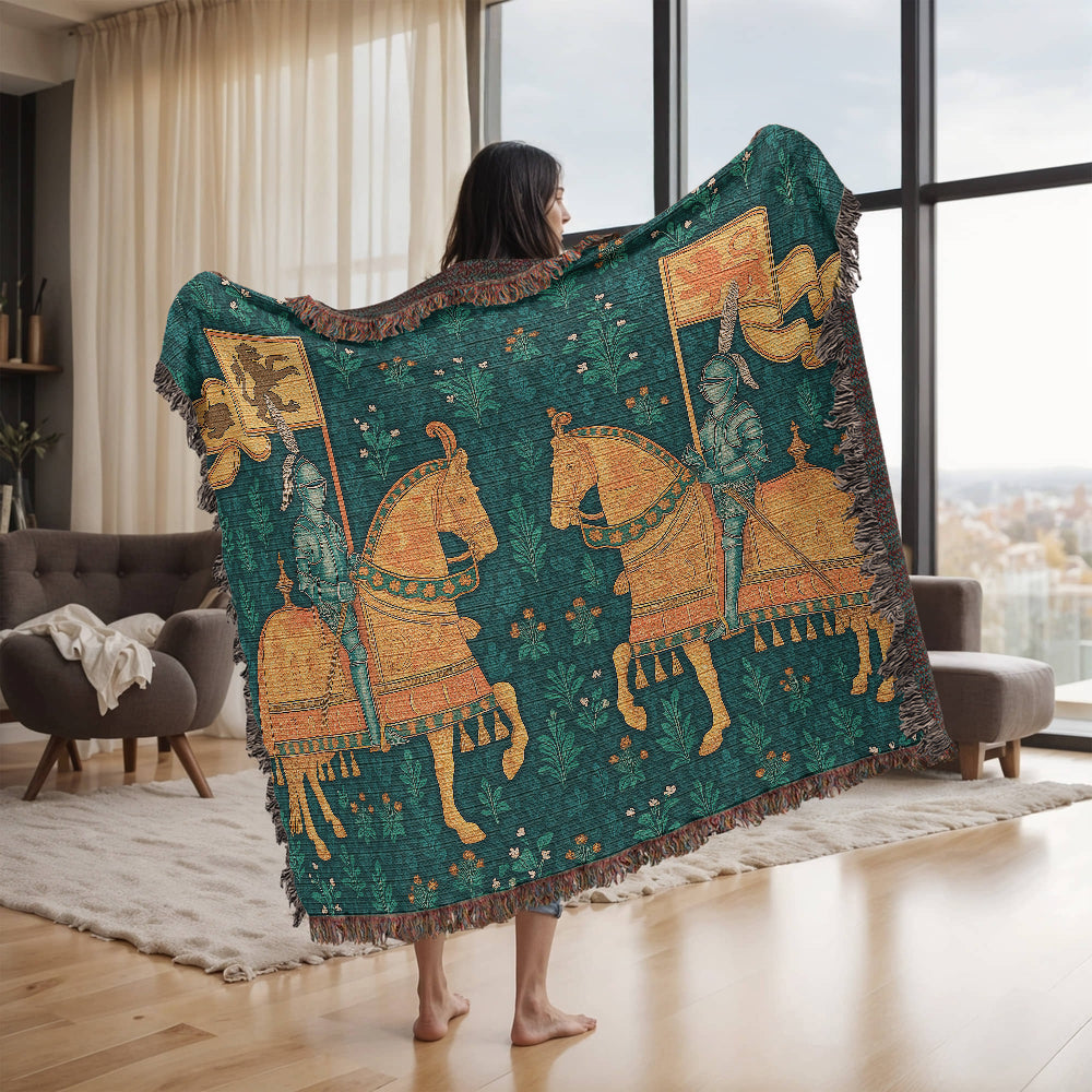 Premium 100% Cotton Woven Blanket – Two Knights on Horseback Displaying Flags