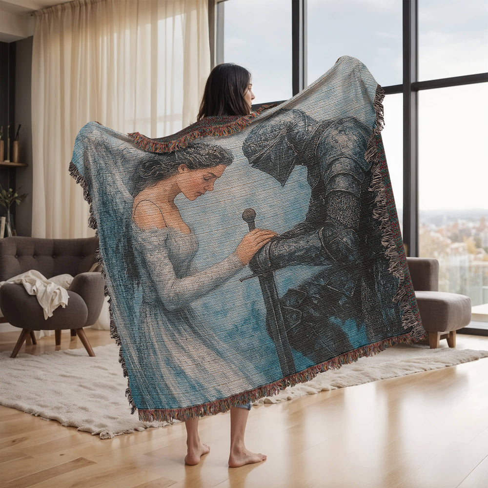 Premium 100% Cotton Woven Blanket – Angel and Knight Fantasy Art